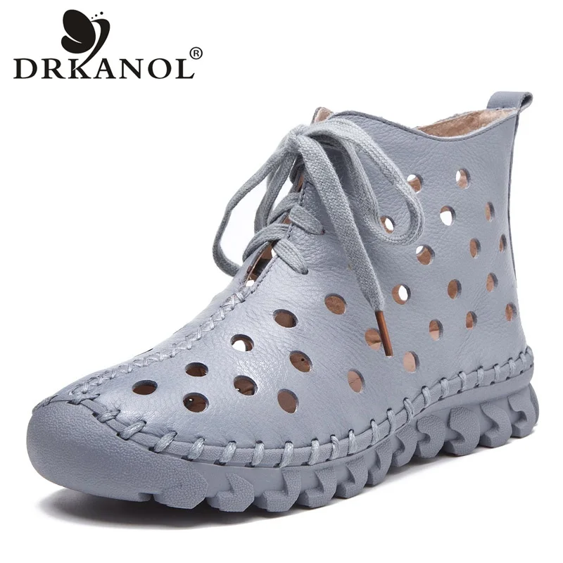 DRKANOL New Design Summer Women Boots Soft Genuine Leather Ankle Boots For Women Casual Shoes Breathable Hollow Cool Boots Woman