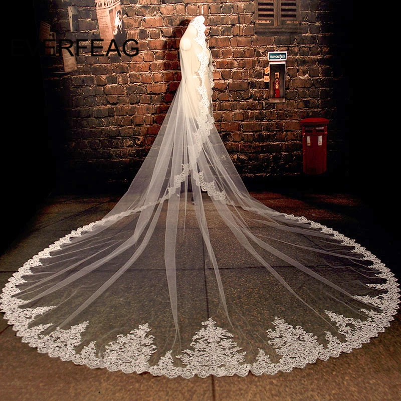 3.5 Meter Lange Bruiloft Sluier Wit/Ivoor Lace Edge Bruiloft Accessoires Voile Mariage Kathedraal Bridal Veils Velo De Novia