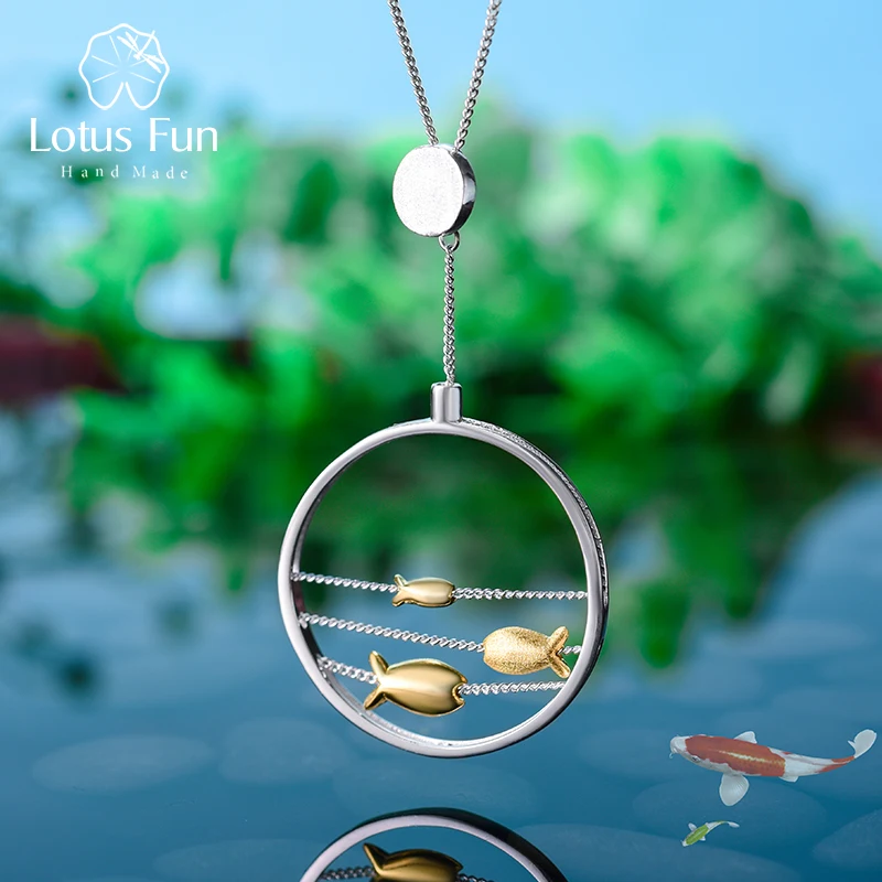 

Lotus Fun Real 925 Sterling Silver Handmade Fine Jewelry Creative Cute Moving Happy Fishes Pendant without Necklace for Women