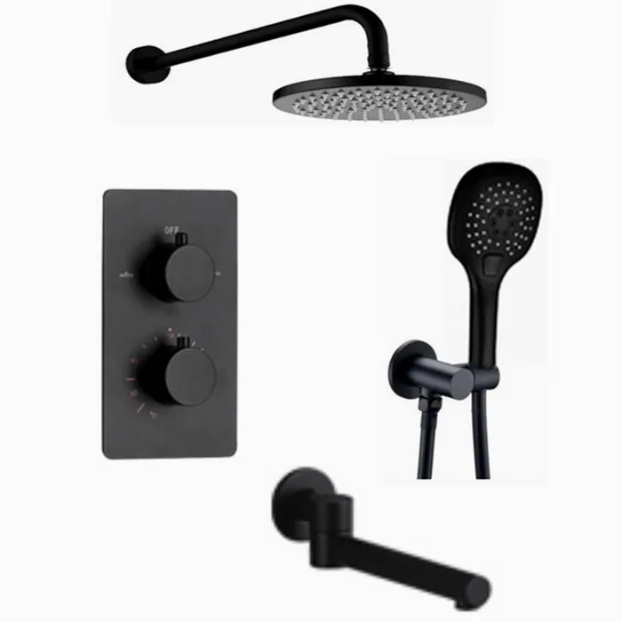 

3 ways Thermostatic Shower Faucets Set 8/10/12/16 inch Black Rainfall Concealed Shower Head Single Handle Mixer IS666