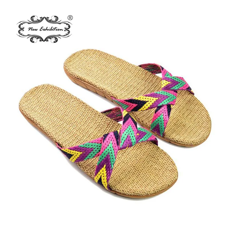 New exhibition Linen slippers Women's home interior floor anti-slip Cross Belt Shoes Healthy and comfortable Flax insoles 35 -40