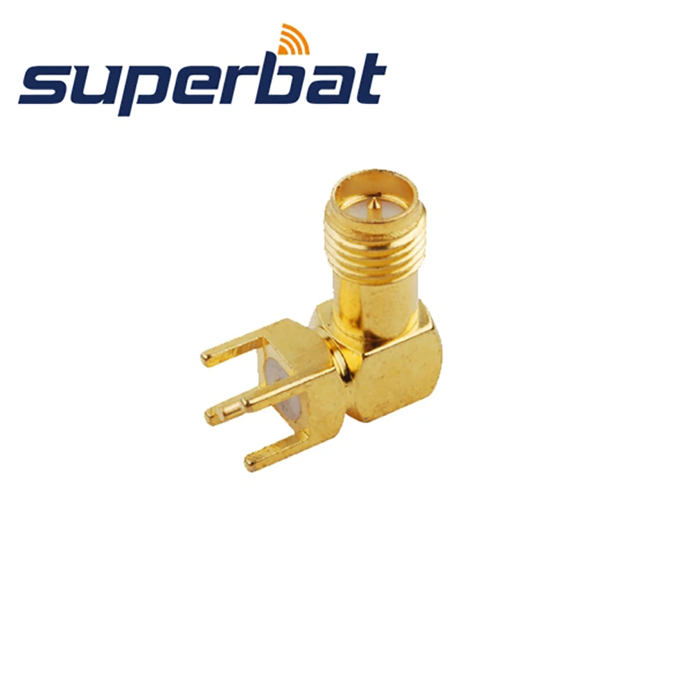 Superbat 10pcs RP-SMA thru hole Female(male pin) Right Angle PCB Mount with Solder Post Connector