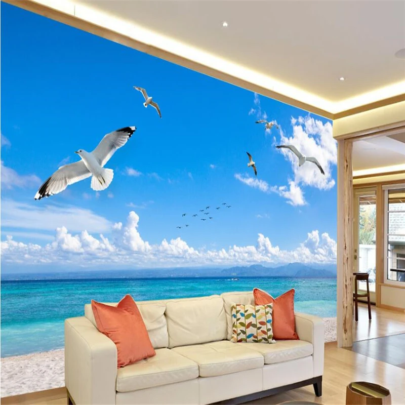 wellyu Modern simple sea landscape blue sky white clouds seagull background wall custom large fresco silk silk wallpaper