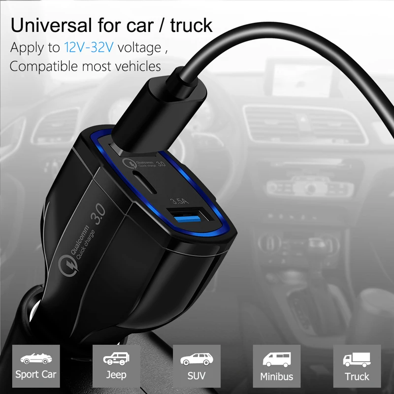 Cargador de coche QC 3,0, doble USB tipo C, carga rápida 3,0 para Samsung S9, Huawei, XIAOMI, ranura para encendedor de coche