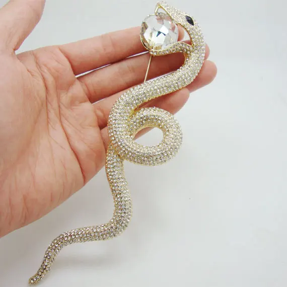 TTjewelry High Quality Luxurious Long Snake Pendant Animal Brooch Pin Clear Rhinestone Crystal Classic Women Party Brooch