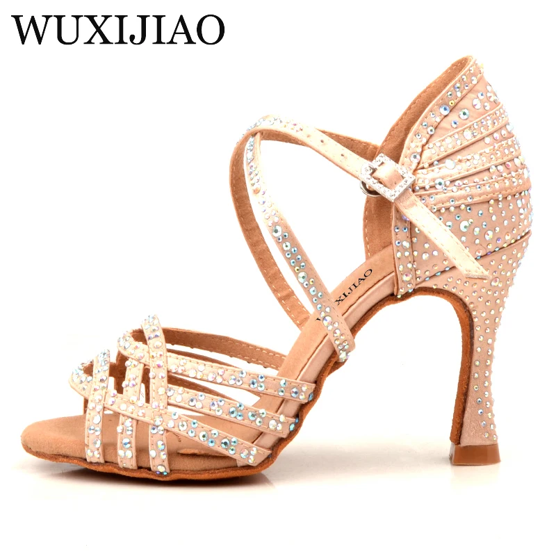 WUXIJIAO Women Salsa party Ballroom shoes Latin dance shoes big small rhinestone shining Skin Black satin  Cuba heel 9cm