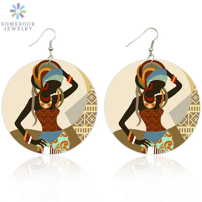 SOMESOOR Retro African Headwrap Woman Wood Drop Earrings Afrocentric Ethnic Photos Both Sides Printing Jewelry For Women Gifts