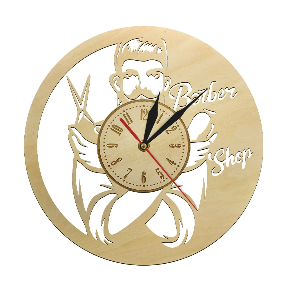 Vintage Rustic Wooden Decora Round Barber Shop Wall Clock Eco Friendly Natural Wall Art Quiet Sweep Hair Salon Art Clock Watch