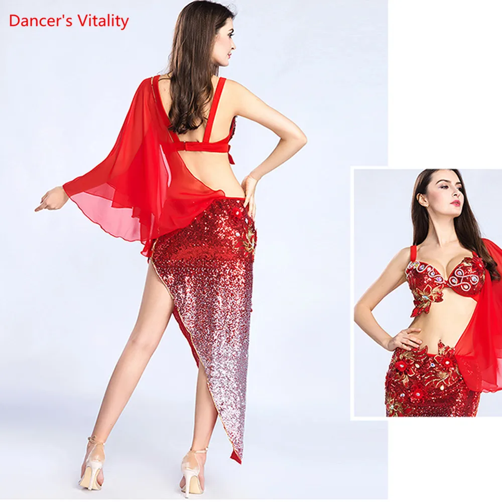 The New 2pcs. Luxurious Costume Women\'s Dancer Stage Show Wearing Bra +Triangle Dress Skirt Suit For Belly Dance Dance Wear