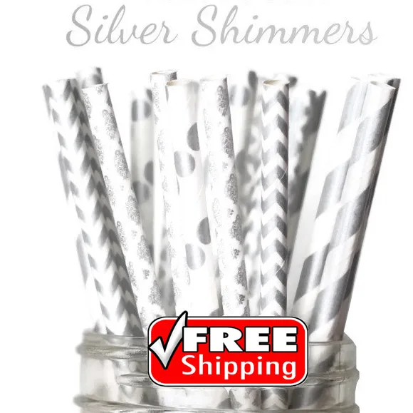 200 Pcs Mix 4 Designs SILVER SHIMMERS Themed Paper Straws-Metallic Silver-Striped,Dot,Chevron,Damask Holiday Wedding Party Bulk