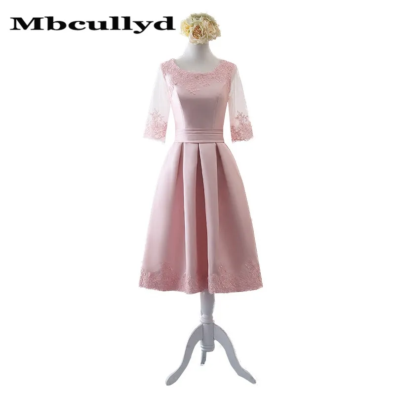 Mbcully Pink Knee Length Bridesmaid Dresses For Women 2023 Sheer Long Sleeves Party Dress Applique Lace Satin Maid Of Honor Gown