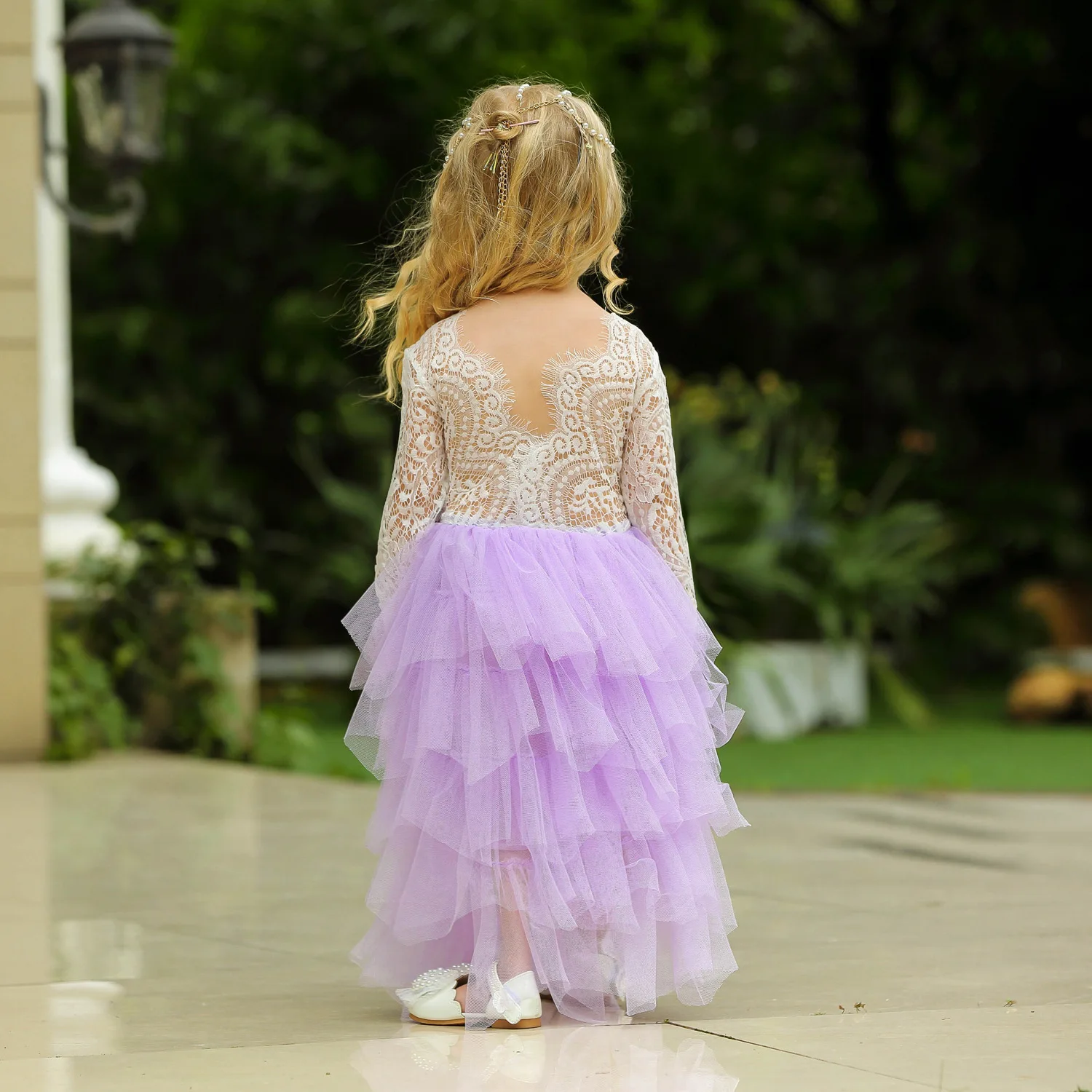 2023 Summer Kids Dresses For Girls Lace Sleeveless Backless Back V Tulle Party Princess Formal Dress Bridesmaid Pageant Dresses