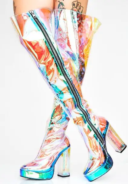 Woman Plus Size Transparent PVC Rock Punk Style Round Toe Square Heel Radium Over The Knee Thigh Stage Show Long Platform Boots