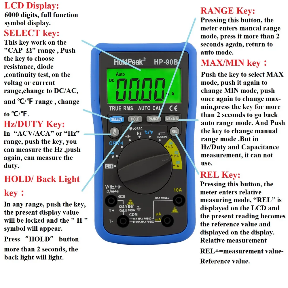 Multimerto HoldPeak HP-90B True RMS Digital Multimeter Auto Range Max/Min AVO Meter with Ohm Volt Amp and Diode Voltage Tester