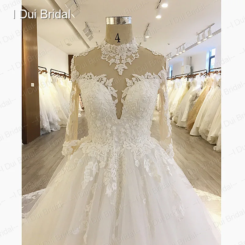 High Neck Long Sleeve Ball Gown Wedding Dress Lace Appliqued Beaded Illusion Neckline Royal Luxury Bridal Gown