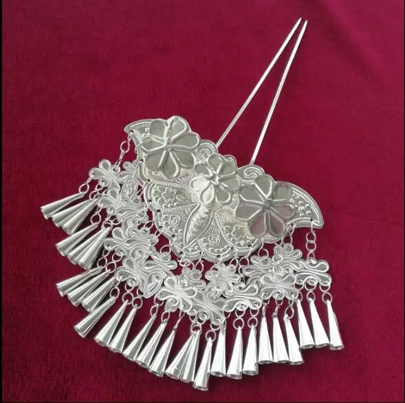 Chinese Miao Silver Hair Accessories Women Hairpin Butterfly Hmong Headwear Folk