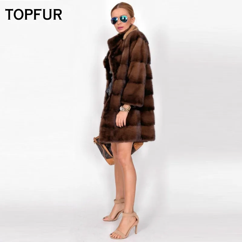 TOPFUR จริงขนสัตว์ฤดูหนาวสีน้ำตาลแจ็คเก็ต Collar Real Mink Fur Coat Collar ของแท้หนังผู้หญิง plus ขนาด