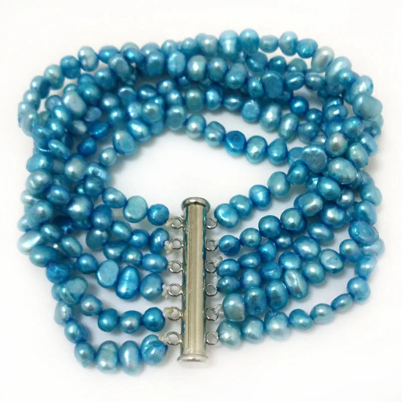 7.5 inches 6 Rows 6-7mm Blue Natural Nugget Baroque Pearl Bracelet