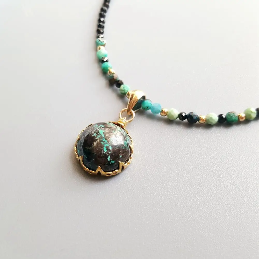 LiiJi Genuine Black Spinels Chrysocolla Pendant Charms Goldfilled Delicated Handmade Necklace