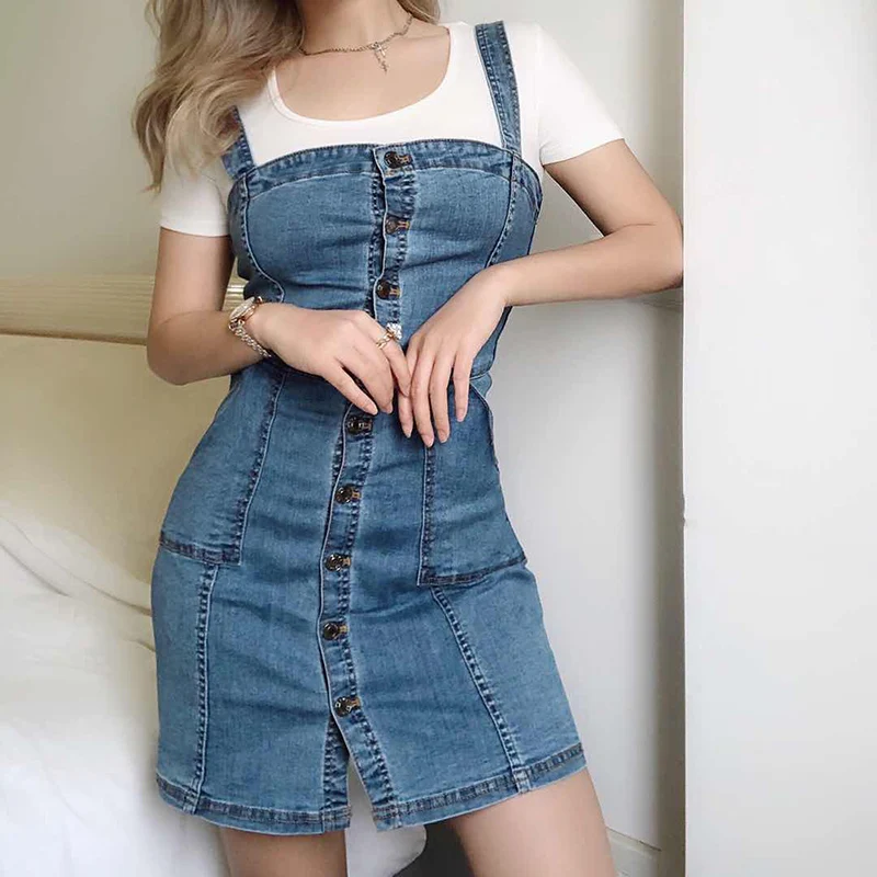 Women Black Blue Sundress Denim Dress Preppy Adjustable Suspender Dress Female Braces Romper Strap Jeans Overalls Mini Dress