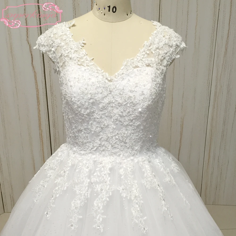 Vestido de noiva 2020, vestidos para baile de casamento, gola em v, apliques de renda, lantejoulas, cauda