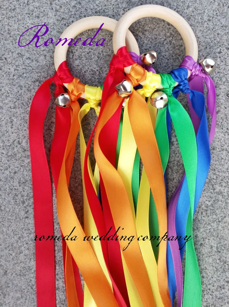 New Arrived 100pcs/lot  Rainbow Color Stain ribbon Wooden Ring Waldorf Ribbon With Bell Hand Kite Toy FLY ME Birthyday Party