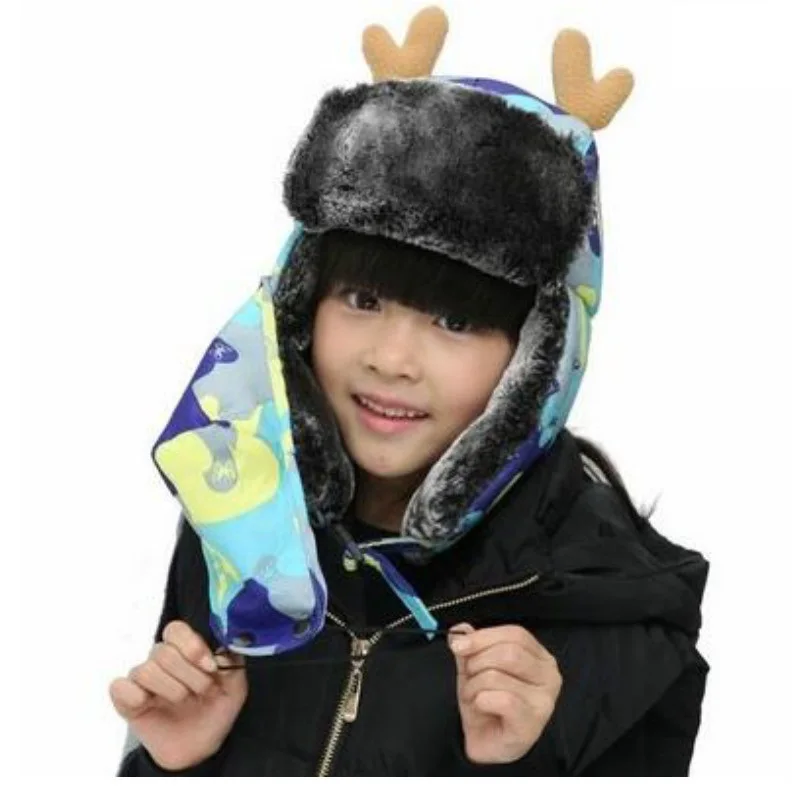 

B-8473 Kids Russian Ushanka Hats Children Bomber Hats Students Outdoor Windproof Warm Hat Deer Cap Ear Protection Hat