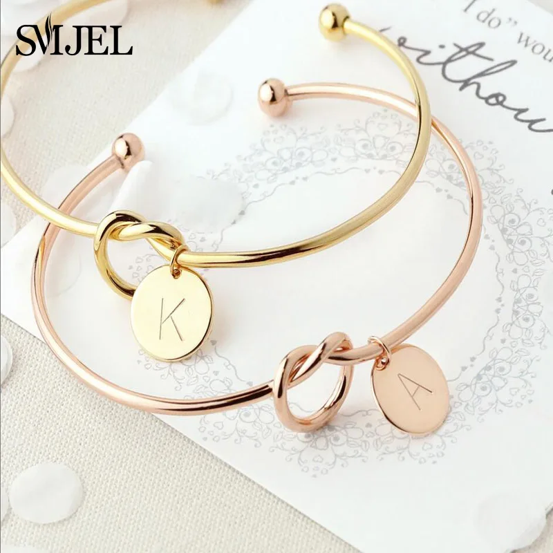 Personalize Knot Initial Bracelets Bangles A-Z 26 Letter Charm Open Cuff Bangle for Women Bridesmaid Jewelry Armband Pulseira