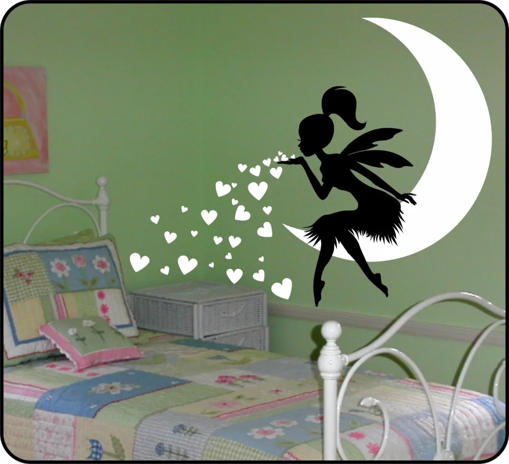 Fairy Blowing Hearts Wall Decals Girls Room Decoration Hearts With Moon Vinyl Wall Sticker Bedroom Wall Decor Baby Gift  AZ266