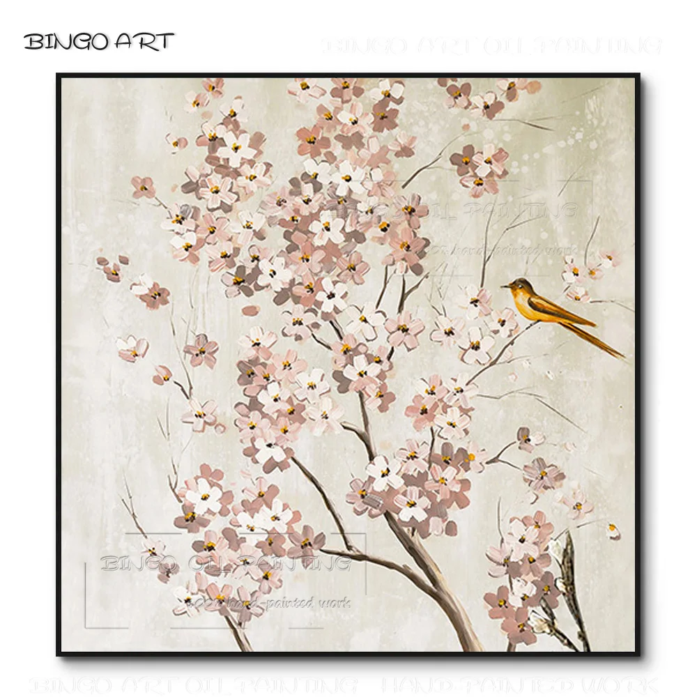 Artist Hand-painted High Quality Fashion Wall Art Lovely Animals Birds Oil Painting on Canvas Cute Bird with Flower Oil Painting