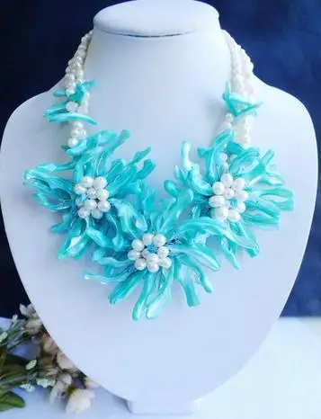 Perfect African Natural White Freshwater Pearl Blue Shell Flower Jewelry Necklace For Wedding Handmade New Free Shipping