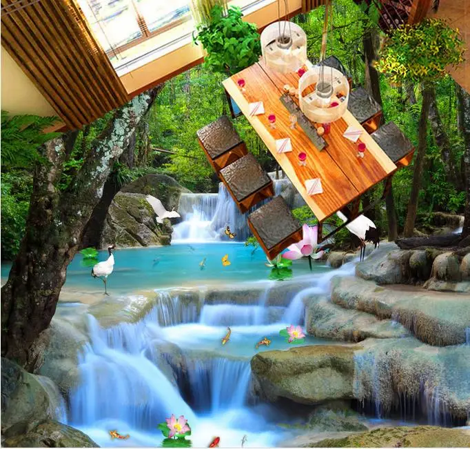 3d pvc flooring waterproof wallpaper custom 3d flooring Stream waterfall self adhesive mural wallpaper 3d floor tiles