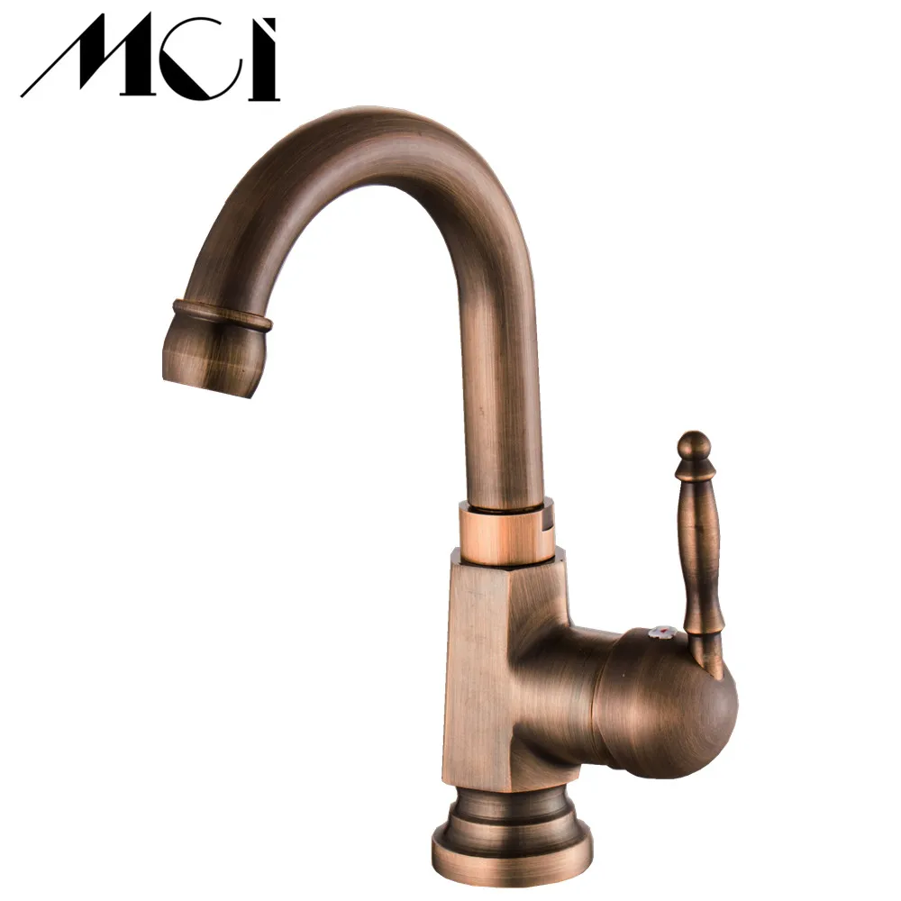 Antique Brass Deck Mounted Basin Water Faucet With Single Handle One Hot And Cold Water  360 Rotation Single Handle Mixer Tap