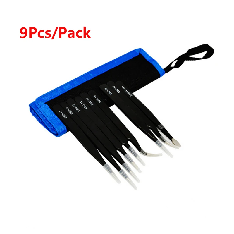 

9Pcs ESD Precision Tweezers Tools Kit Anti-static Stainless Steel Tweezers with Storage Bag for Lab Electronics Jewelry