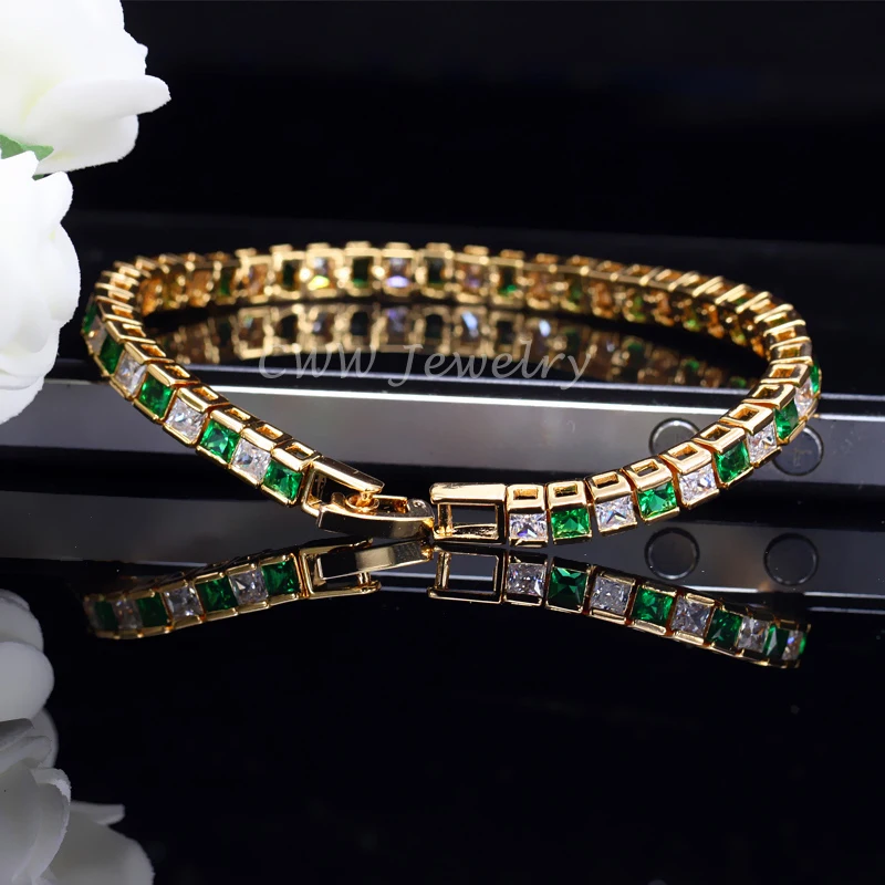 CWWZircons Exclusive Yellow Gold Color Square Cut Fashion Women Jewelry Cubic Zirconia Crystal Tennis Bracelet for Party CB190