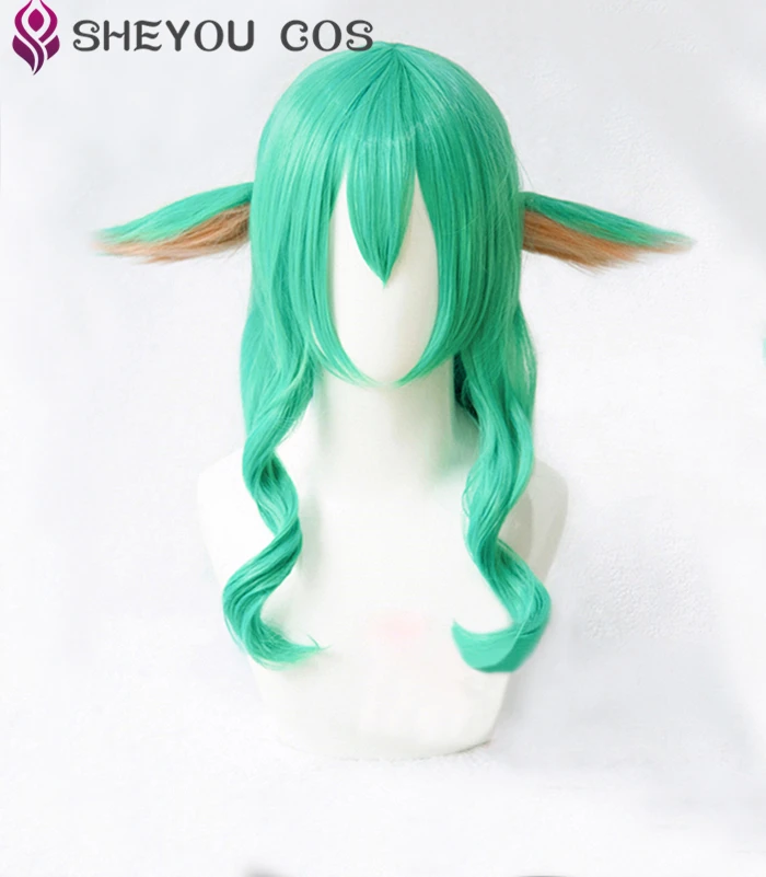 43'' 110cm Long Green Blue Cosplay Wig LOL Cosplay Star Guardian Soraka Heat Resistant Synthetic Hair Wig + Clips Ears + Wig Cap