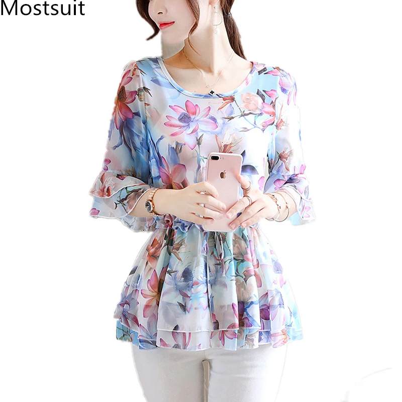 Blus Tunik Cetak Sifon Musim Panas Atasan Pullover Ruffles Leher-o Lengan Flare Wanita Blus Elegan Kasual Korea