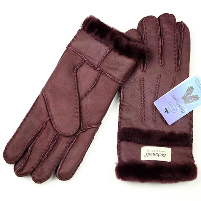 Leather Sheepskin Fur Gloves Women Hand-stitched Winter Thick Warm Wool Multicolor Stitching Style Finger Gloves