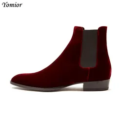 Handmade Top Quality Velvet Vintage Men Cow Leather Shoes Ankle Boots Formal Business Pointed Toe Slip-On Chelsea Boots Red