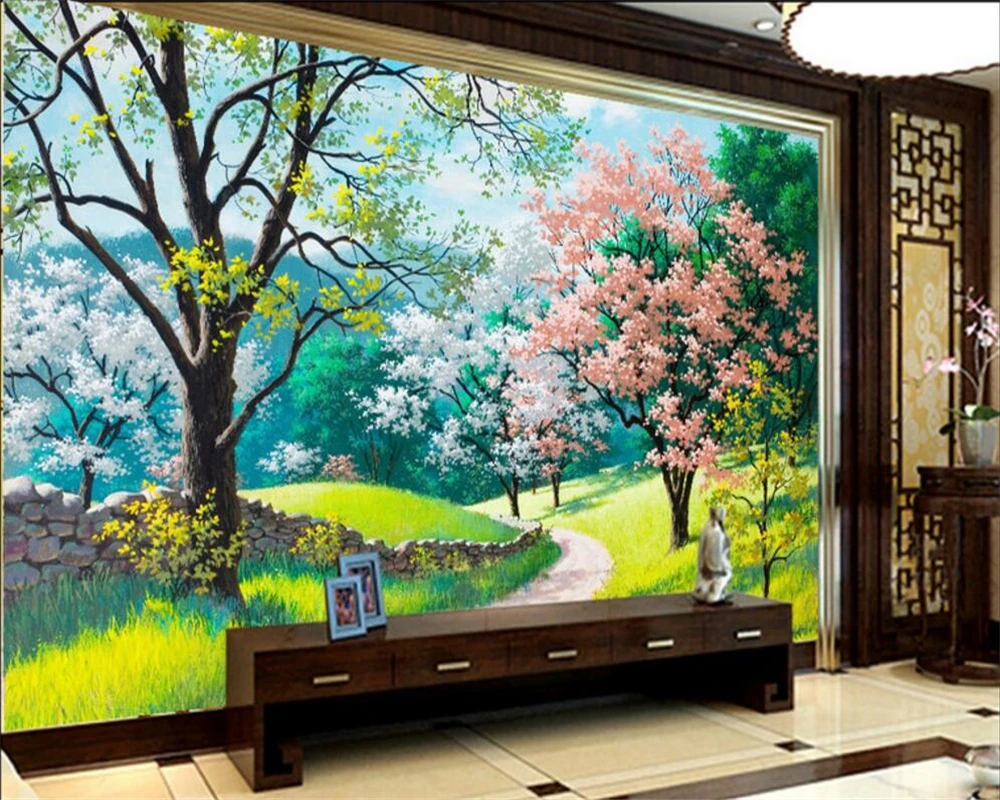 Beibehang Customize any size 3 d living room wall wallpaper, spring landscape mural picture oil painting picture mural wallpaper