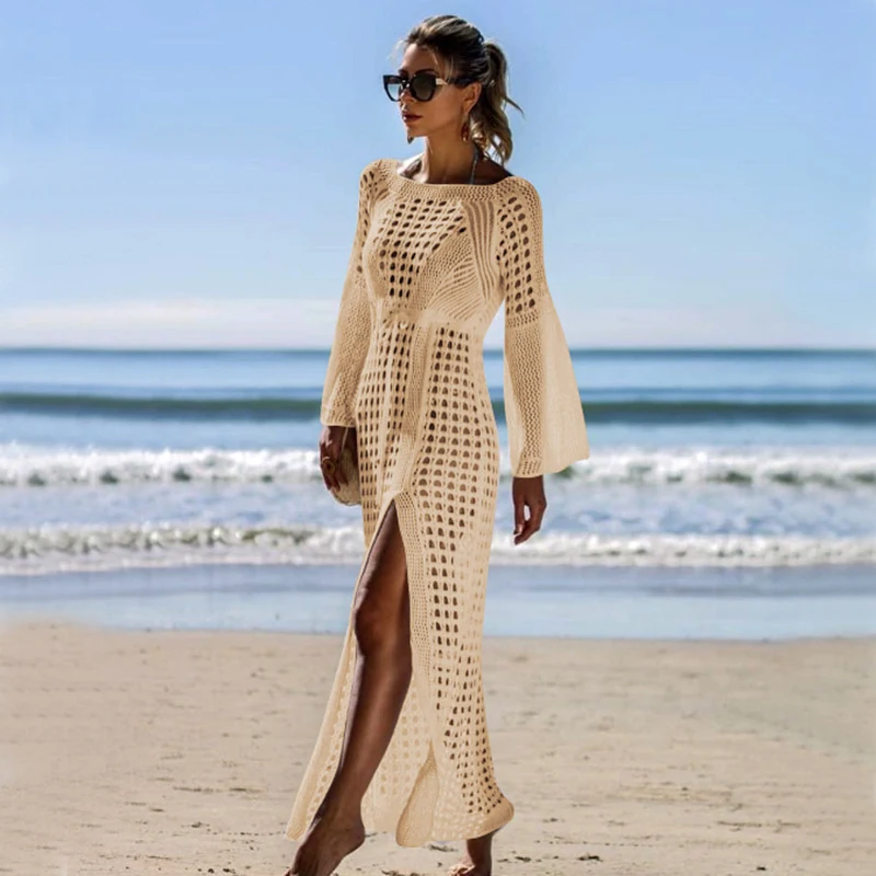 Robe de plage blanche tricotée au Crochet, Cover-up, tunique, caftan, ajouré, Cover-up pour les maillots de bain, paréo, vêtements de plage