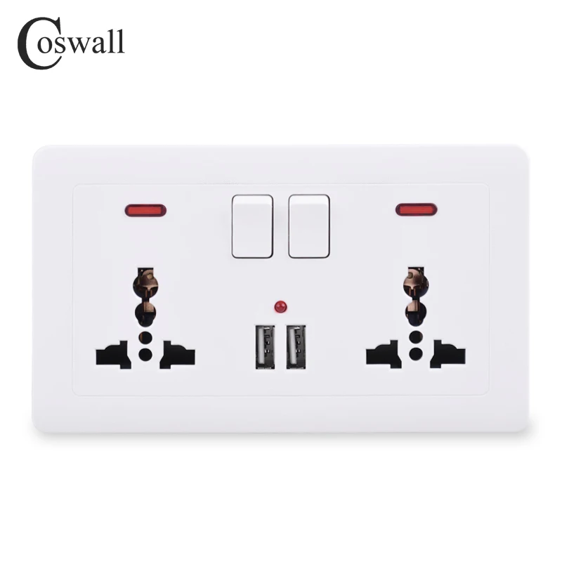 Coswall Wall Power Socket 2 Gang Universal 3 Hole Switched Outlet With Neon 2.1A Dual USB Charger Port LED indicator 146mm*86mm