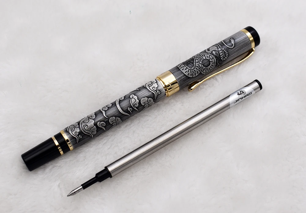 Jinhao 5000 Vintage Luxurious Metal Rollerball Pen Beautiful Dragon Texture Carving, Gray Color Ink Pen for Office Business