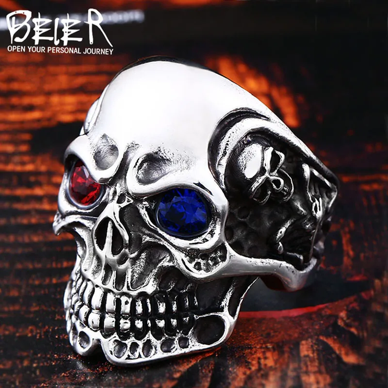 BEIER Stainless Steel men\'s Gothic  Carving kapala Skull Ring with red/blue eye rock personality biker Jewelry For man BR8-547