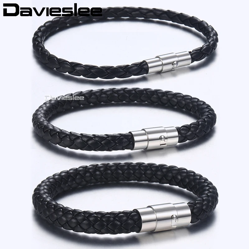 Davieslee Bracelets for Men Black Brown Braided Cord Rope Stainless Steel Clasp Man-made Leather Mens Bracelet 4/6/8mm LLBM118A