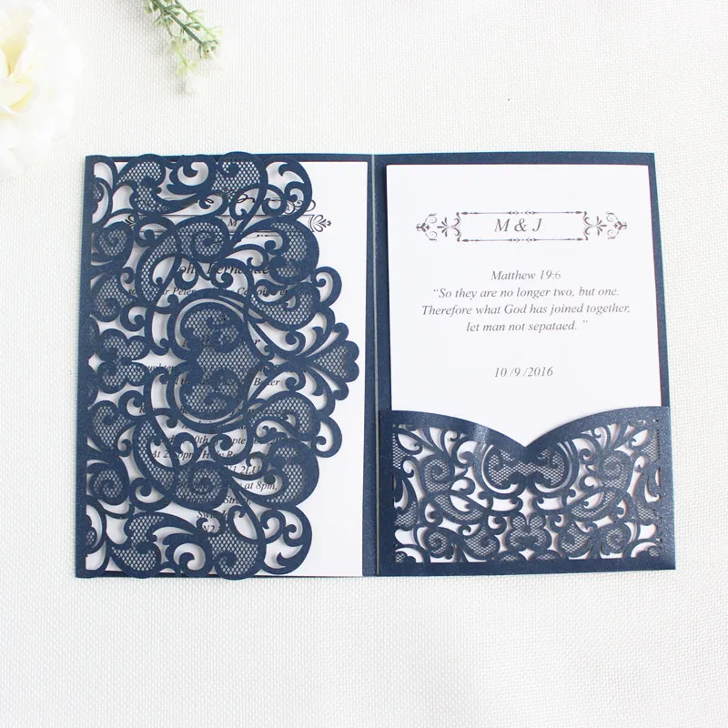 

Navy blue laser cut elegant invitations pocket rose customized marriage baptism birthday kids invitation card tri-folded