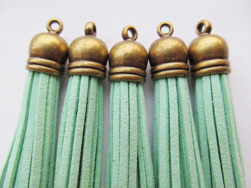 Free Shipping 100Pcs 59mm Mint Green Suede Leather Jewelry Tassel For Key Chains/ Cellphone Charms Top Plated End Caps Cord