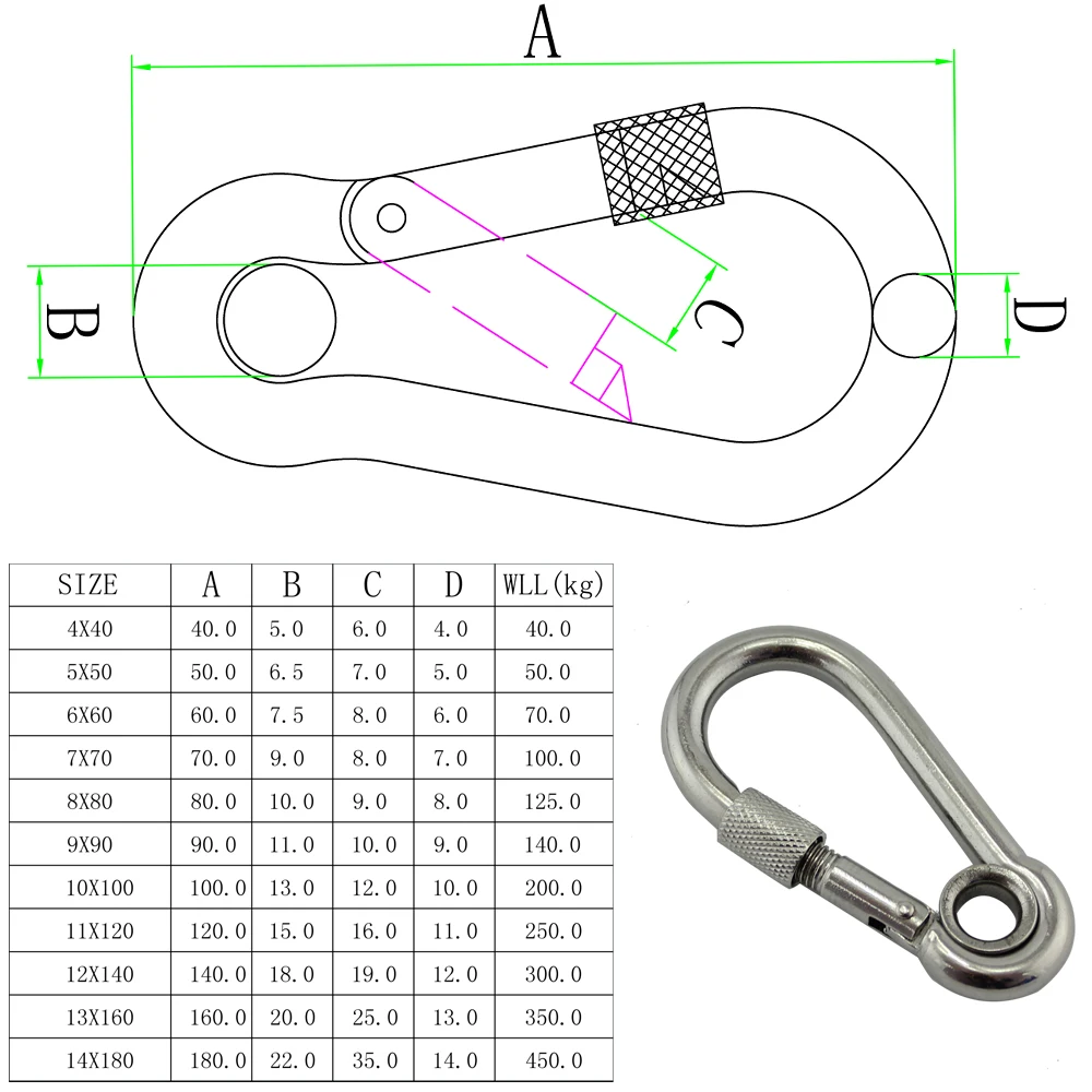 Stainless Nut Bolted Eyelet Snap Hook Carabiner SS316 Spring Snap Hooks with Safety Nut 40/50/60/70/80/90/100/110/120/130mm