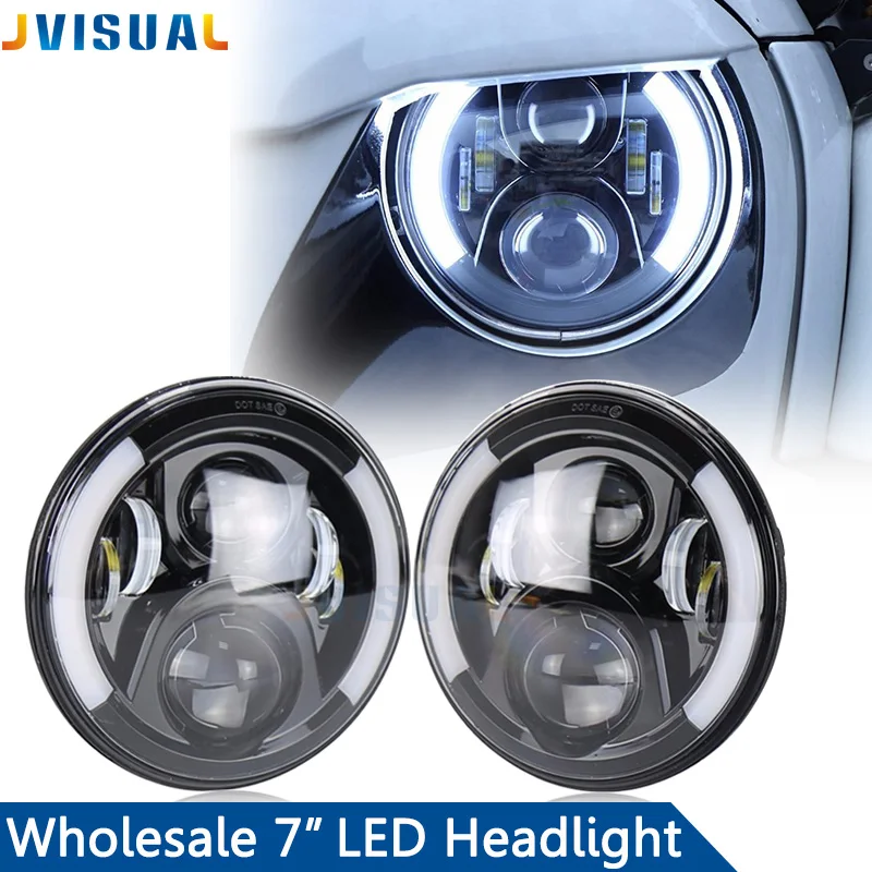 

7inch LED Halo Headlights Kit 7" LED Headlight With Angle Eye For Jeep Wrangler JK TJ Hummer Defender H4 Hi/low Auto Headlight