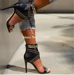 Summer New Fashion Women Open Toe Stiletto Heel Rivet Gladiator Sandals Ankle Wrap Chains Decorated High Heel Sandals